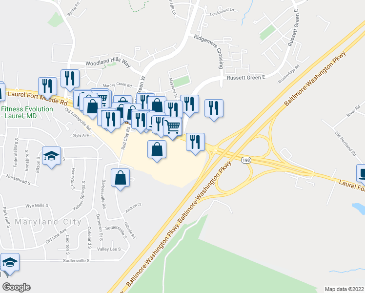 map of restaurants, bars, coffee shops, grocery stores, and more near 3361 Corridor Marketplace in Laurel