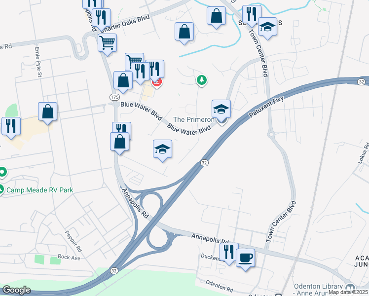 map of restaurants, bars, coffee shops, grocery stores, and more near 2016 Bealmear Mill Lane in Odenton