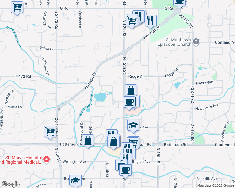 map of restaurants, bars, coffee shops, grocery stores, and more near 3154 Lakeside Drive in Grand Junction