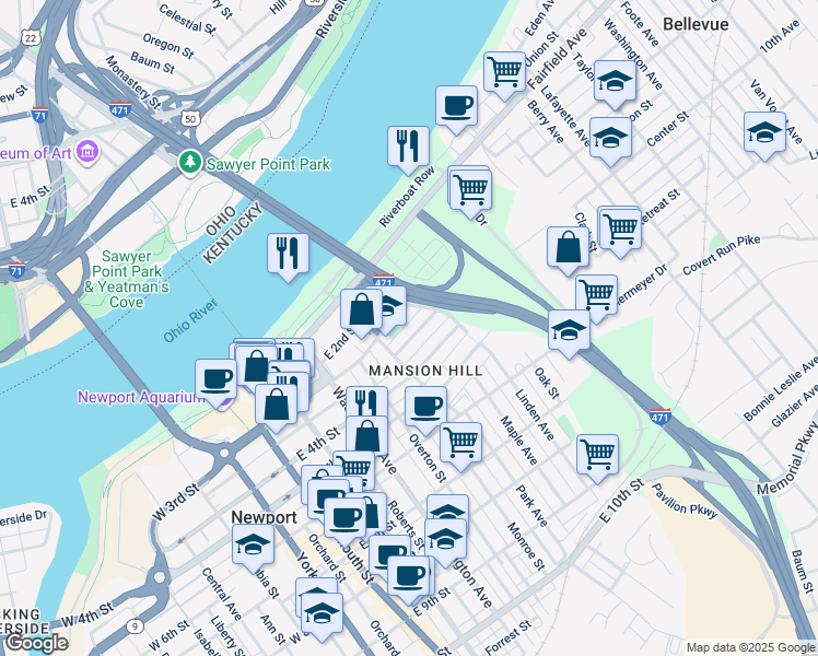 map of restaurants, bars, coffee shops, grocery stores, and more near 536 3rd Street in Newport