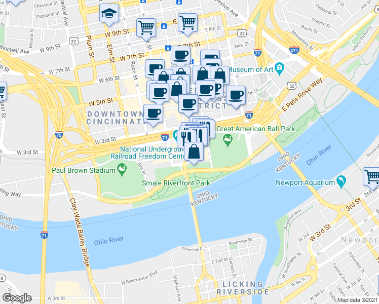 map of restaurants, bars, coffee shops, grocery stores, and more near in Cincinnati