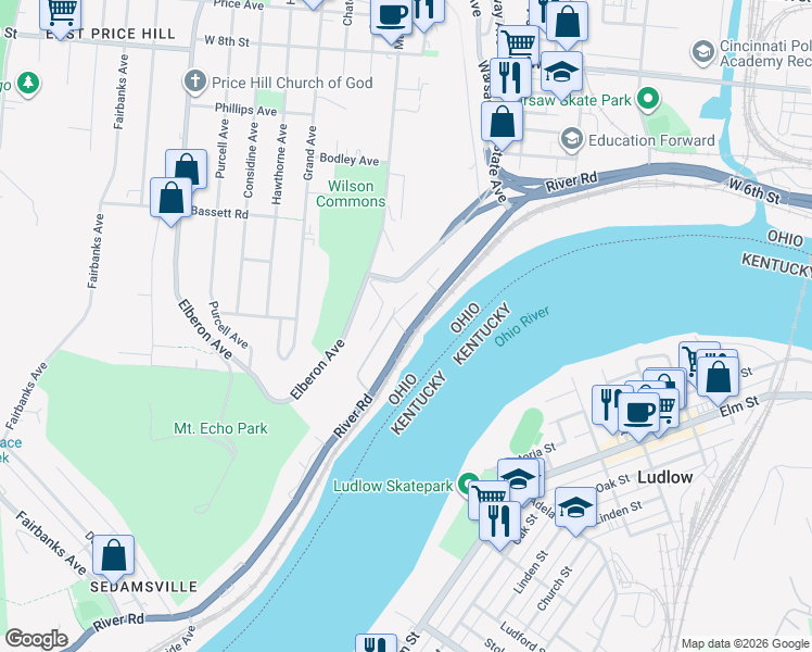 map of restaurants, bars, coffee shops, grocery stores, and more near 2490 River Road in Cincinnati