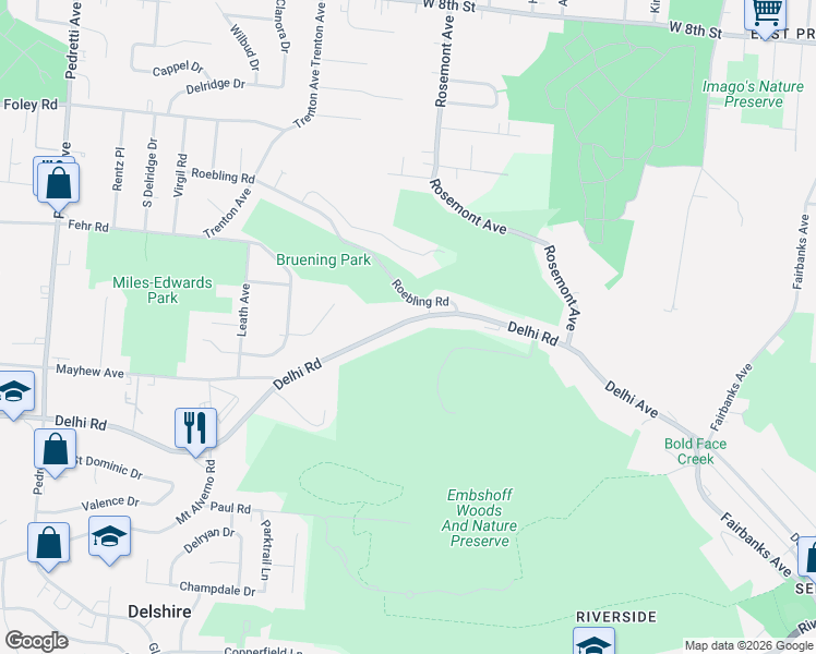 map of restaurants, bars, coffee shops, grocery stores, and more near 4030 Delhi Pike in Cincinnati