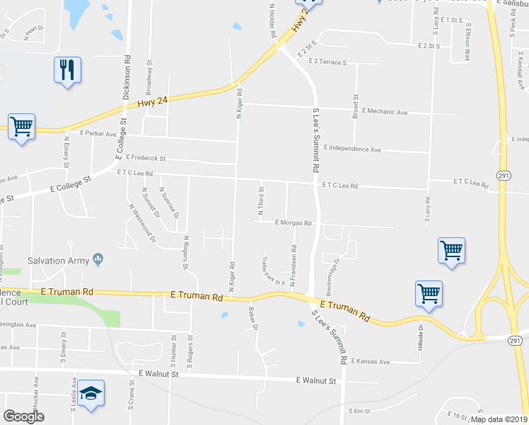 map of restaurants, bars, coffee shops, grocery stores, and more near 711 North Third Street in Independence