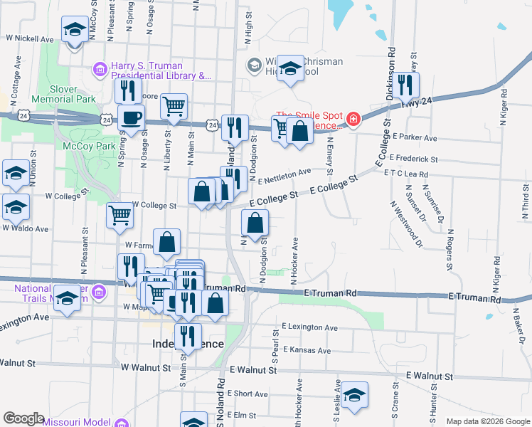 map of restaurants, bars, coffee shops, grocery stores, and more near 229 East College Street in Independence
