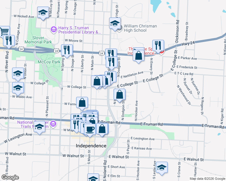 map of restaurants, bars, coffee shops, grocery stores, and more near in Independence