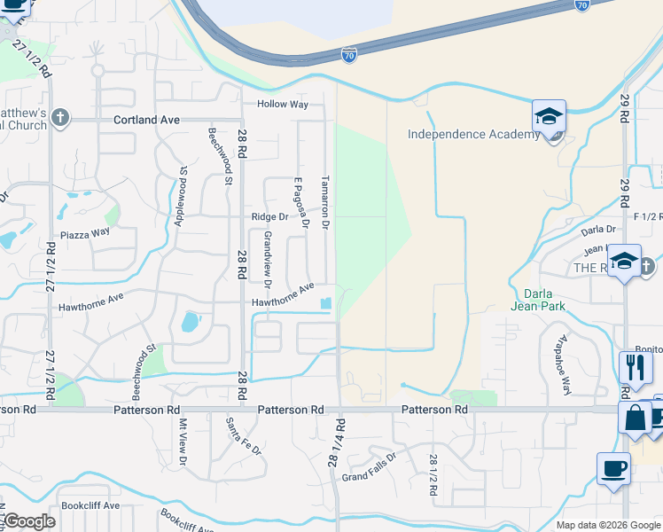 map of restaurants, bars, coffee shops, grocery stores, and more near 638 Tamarron Drive in Grand Junction