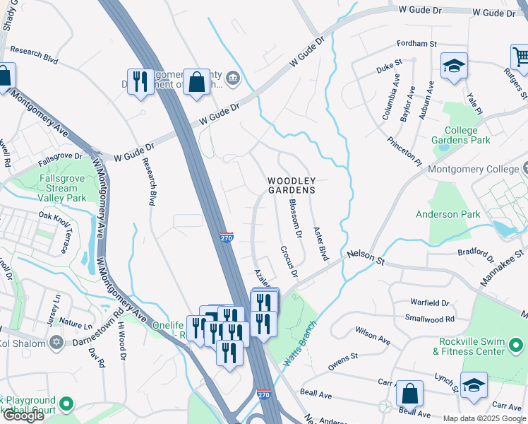 map of restaurants, bars, coffee shops, grocery stores, and more near 881 Azalea Drive in Rockville