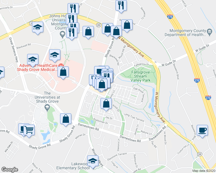 map of restaurants, bars, coffee shops, grocery stores, and more near 14933 Shady Grove Road in Rockville