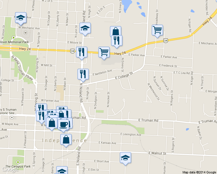 map of restaurants, bars, coffee shops, grocery stores, and more near 620 North Hocker Street in Independence
