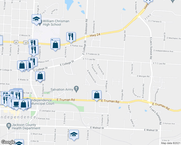 map of restaurants, bars, coffee shops, grocery stores, and more near 611 North Westwood Drive in Independence