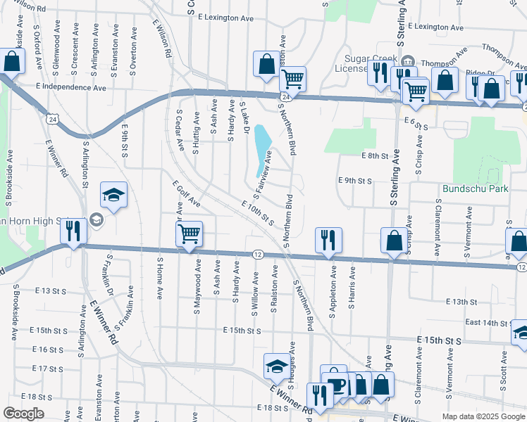 map of restaurants, bars, coffee shops, grocery stores, and more near 10516 East 10th Street in Independence