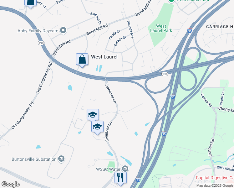 map of restaurants, bars, coffee shops, grocery stores, and more near 15101 Sweitzer Lane in Laurel