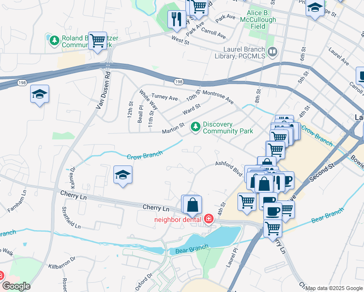 map of restaurants, bars, coffee shops, grocery stores, and more near 8125 Londonderry Court in Laurel