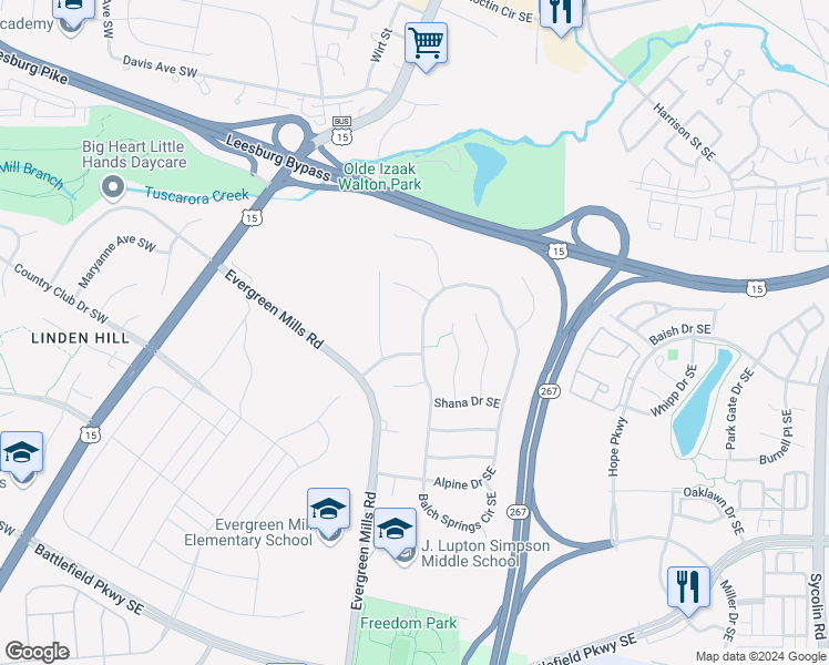 map of restaurants, bars, coffee shops, grocery stores, and more near 211 Alpine Drive Southeast in Leesburg