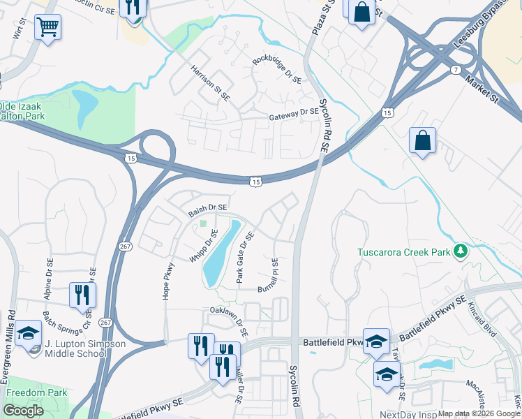 map of restaurants, bars, coffee shops, grocery stores, and more near 221 Shirley Square Southeast in Leesburg