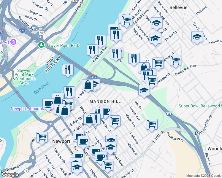 map of restaurants, bars, coffee shops, grocery stores, and more near 560 Lexington Avenue in Newport