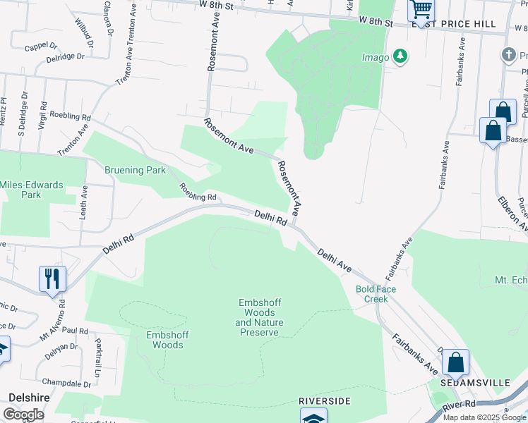 map of restaurants, bars, coffee shops, grocery stores, and more near 3910 Delhi Avenue in Cincinnati