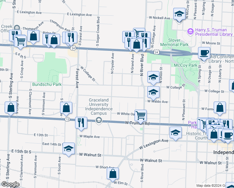 map of restaurants, bars, coffee shops, grocery stores, and more near 1214 West Waldo Avenue in Independence