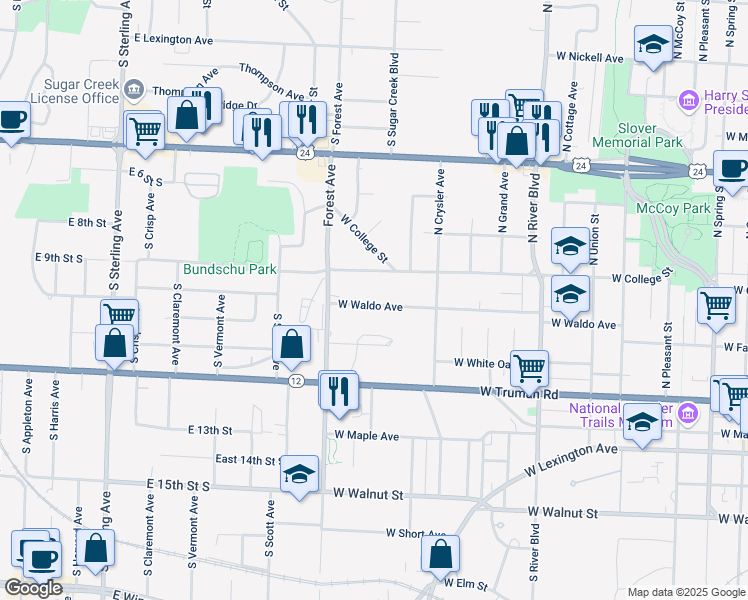 map of restaurants, bars, coffee shops, grocery stores, and more near 1422 1/2 West Waldo Avenue in Independence