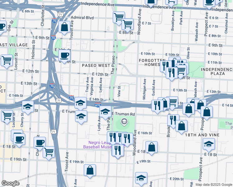 map of restaurants, bars, coffee shops, grocery stores, and more near 1301 Vine Street in Kansas City