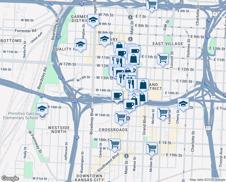 map of restaurants, bars, coffee shops, grocery stores, and more near 1399 Wyandotte St in Kansas City