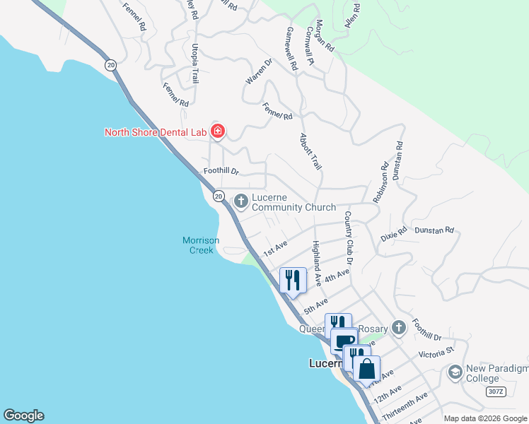 map of restaurants, bars, coffee shops, grocery stores, and more near 5890 East Highway 20 in Lucerne