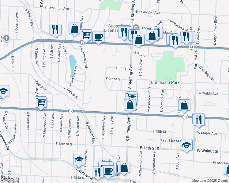 map of restaurants, bars, coffee shops, grocery stores, and more near 1000 South Harris Avenue in Independence