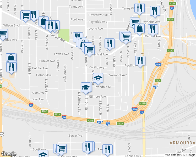 map of restaurants, bars, coffee shops, grocery stores, and more near 928 Church Avenue in Kansas City