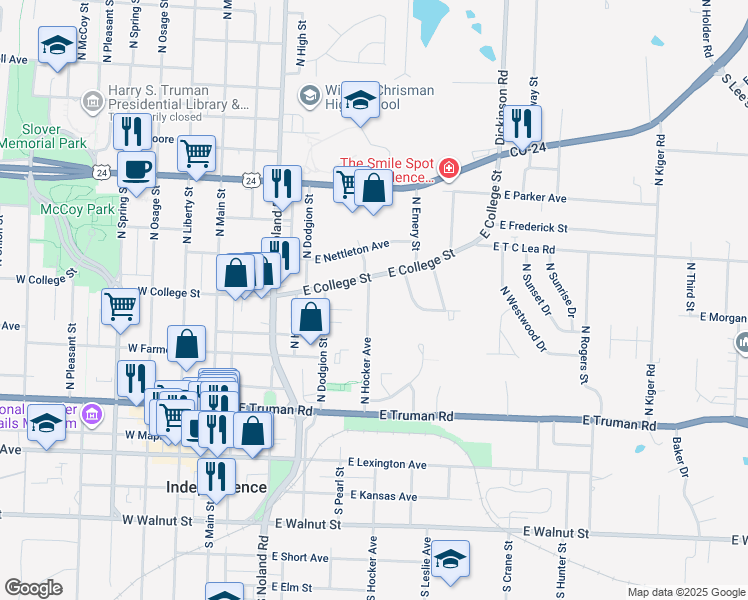 map of restaurants, bars, coffee shops, grocery stores, and more near 635 North Hocker Avenue in Independence