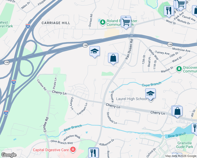map of restaurants, bars, coffee shops, grocery stores, and more near 15049 Cherrywood Drive in Laurel