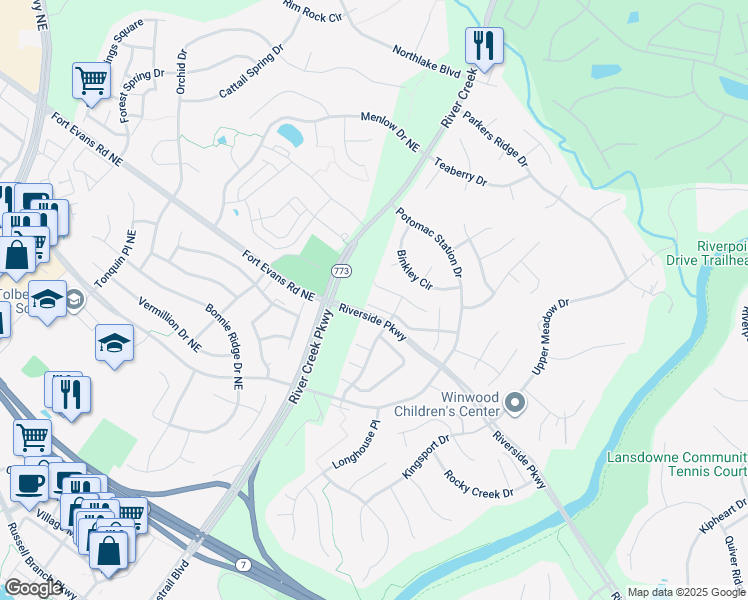 map of restaurants, bars, coffee shops, grocery stores, and more near 43044 Sherbrooke Terrace in Leesburg
