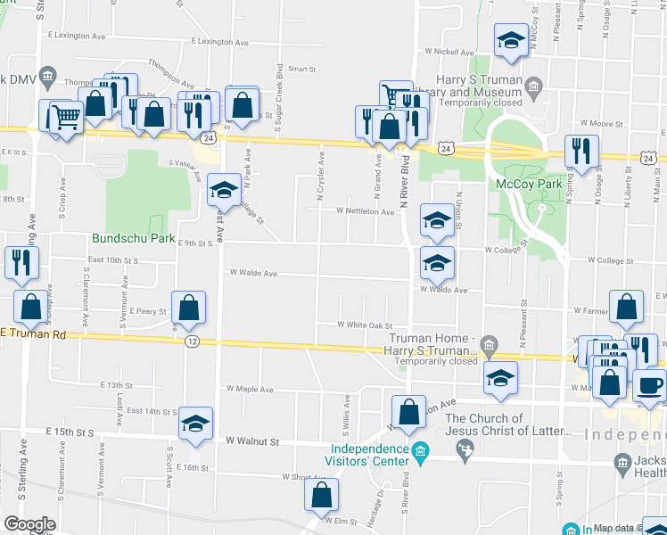 map of restaurants, bars, coffee shops, grocery stores, and more near 1214 West Waldo Avenue in Independence