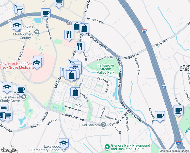 map of restaurants, bars, coffee shops, grocery stores, and more near 403 Oak Knoll Terrace in Rockville