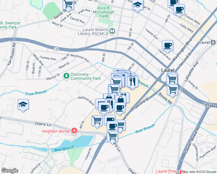 map of restaurants, bars, coffee shops, grocery stores, and more near 403 Domer Avenue in Laurel