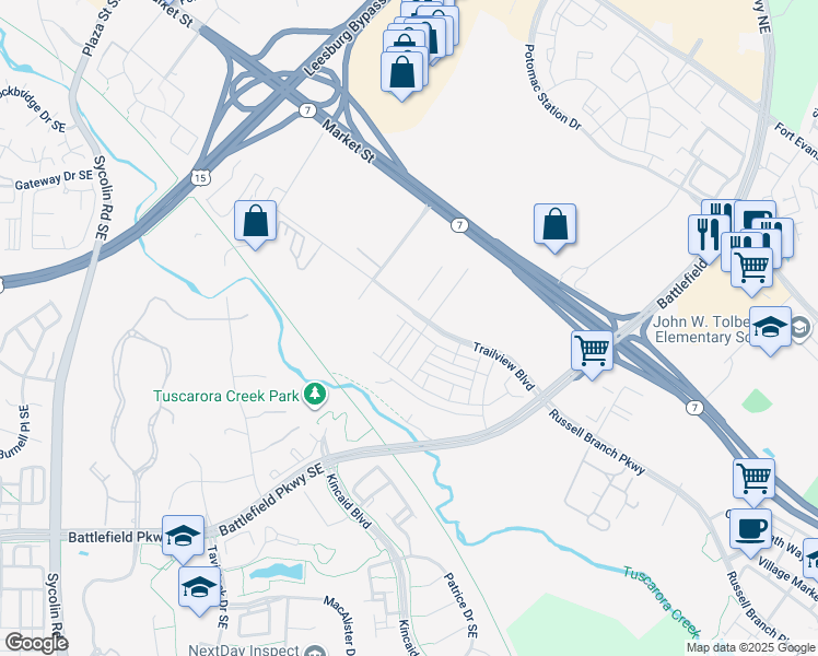 map of restaurants, bars, coffee shops, grocery stores, and more near 200 Chianti Terrace Southeast in Leesburg