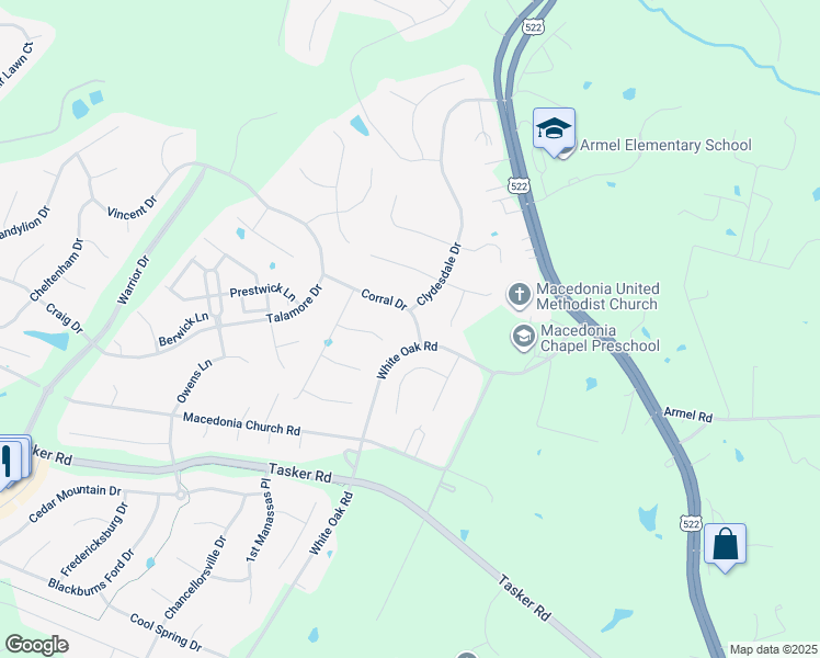 map of restaurants, bars, coffee shops, grocery stores, and more near 103 Corral Drive in Stephens City