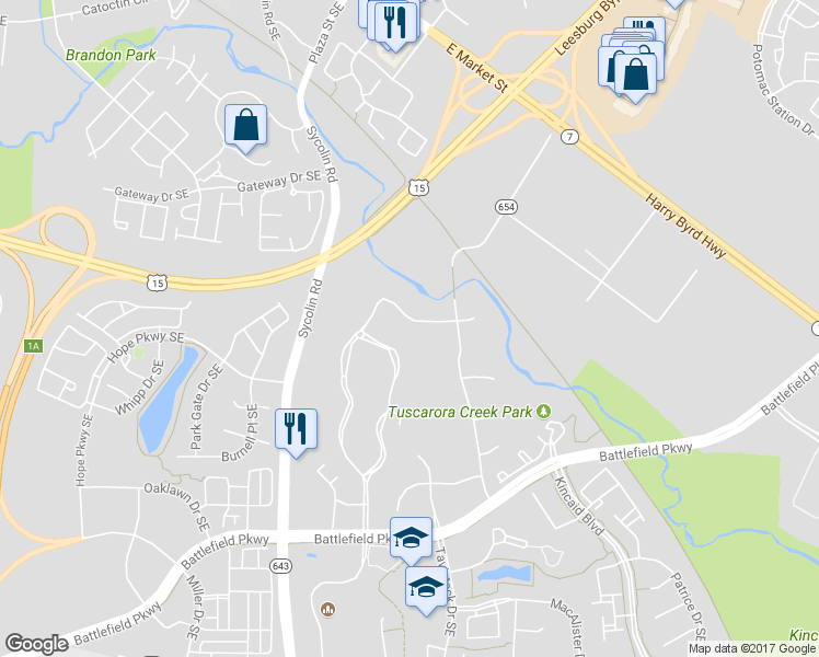 map of restaurants, bars, coffee shops, grocery stores, and more near 610 Beauregard Drive Southeast in Leesburg