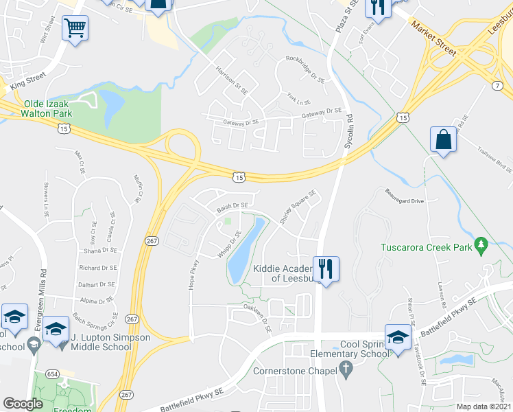 map of restaurants, bars, coffee shops, grocery stores, and more near 317 Baish Drive Southeast in Leesburg