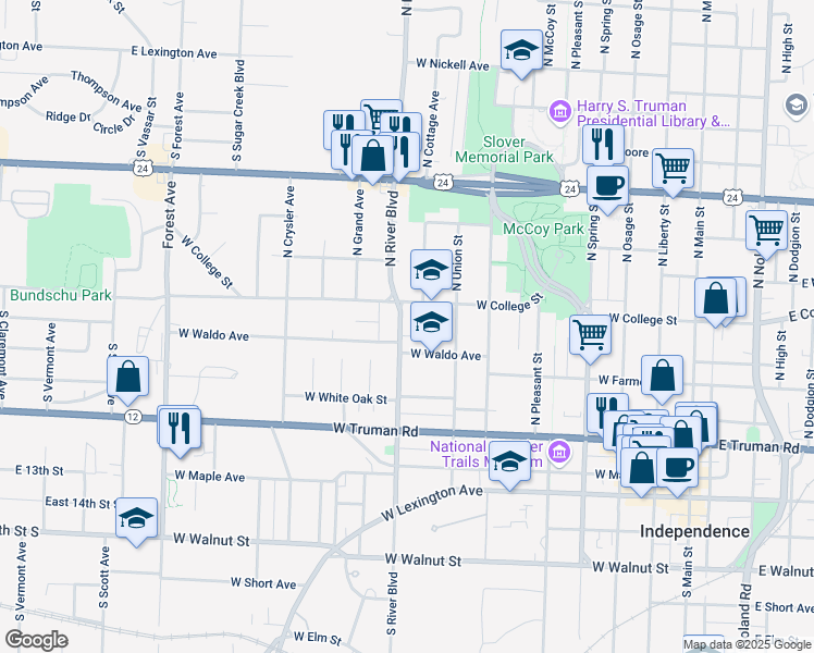 map of restaurants, bars, coffee shops, grocery stores, and more near 619 North River Boulevard in Independence