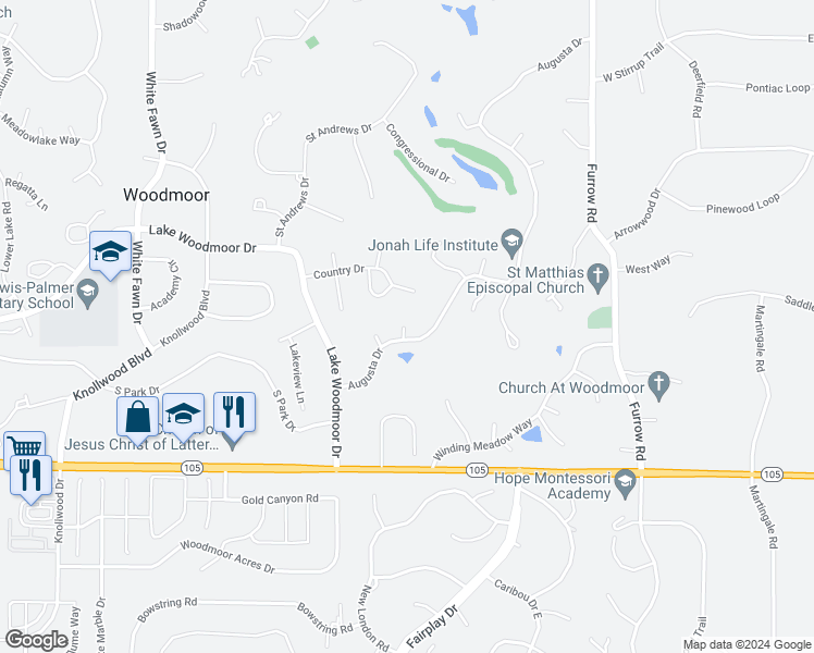 map of restaurants, bars, coffee shops, grocery stores, and more near 18300 Bent Oak Lane in Monument