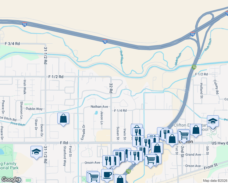 map of restaurants, bars, coffee shops, grocery stores, and more near 638 32 Road in Clifton
