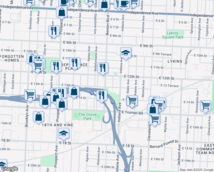 map of restaurants, bars, coffee shops, grocery stores, and more near 1228 Benton Boulevard in Kansas City