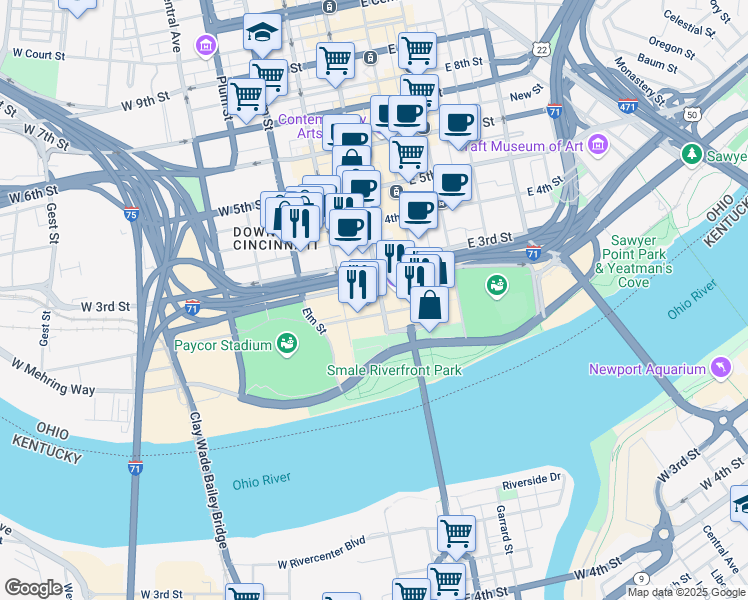 map of restaurants, bars, coffee shops, grocery stores, and more near 191 Rosa Parks Street in Cincinnati