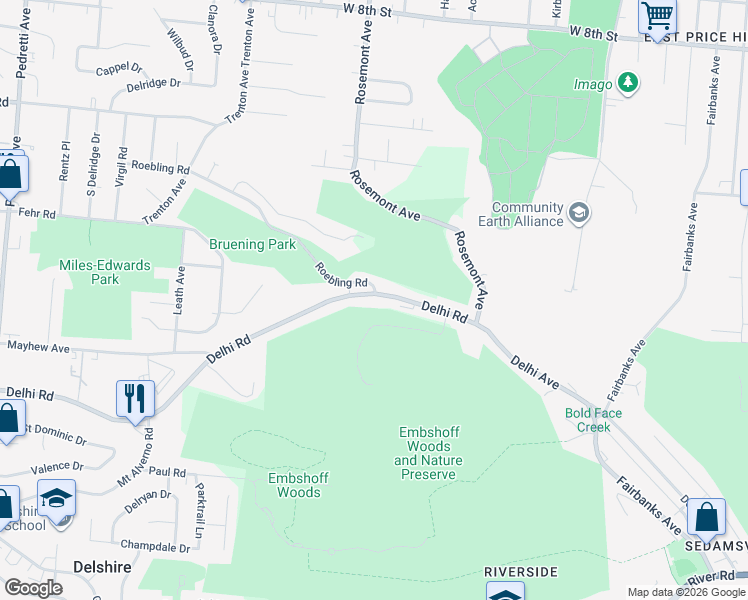 map of restaurants, bars, coffee shops, grocery stores, and more near 3991 Delhi Pike in Cincinnati