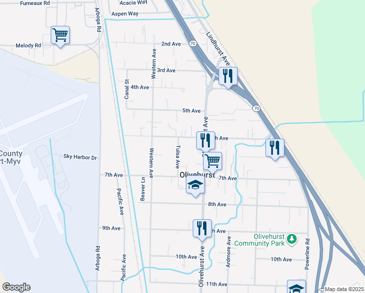 map of restaurants, bars, coffee shops, grocery stores, and more near 4950 Tulsa Avenue in Olivehurst