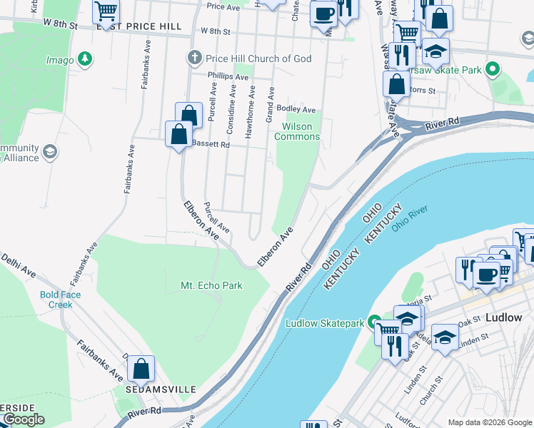 map of restaurants, bars, coffee shops, grocery stores, and more near 402 Grand Avenue in Cincinnati