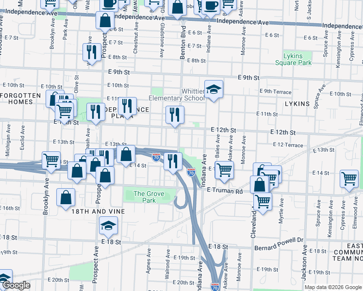 map of restaurants, bars, coffee shops, grocery stores, and more near 1228 Benton Boulevard in Kansas City