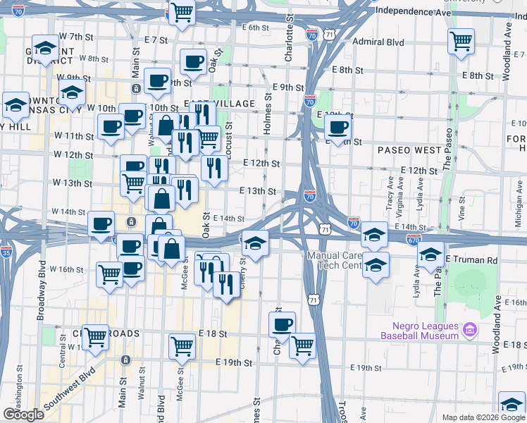 map of restaurants, bars, coffee shops, grocery stores, and more near 615 East 13th Street in Kansas City