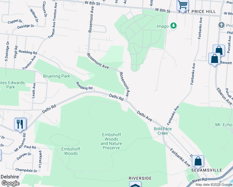 map of restaurants, bars, coffee shops, grocery stores, and more near 3910 Delhi Avenue in Cincinnati